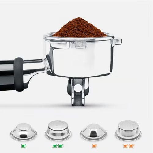 54MM STAINLESS STEEL PORTAFILTER DELIVERS FULL FLAVOUR WITH DUAL AND SINGLE WALL FILTERS